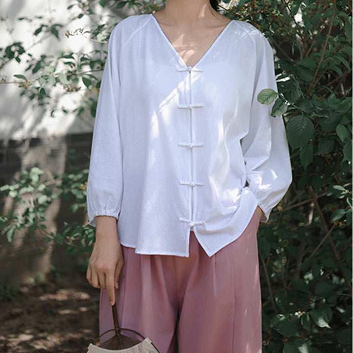 Koszula damska z długim rękawem z bawełny i lnu z motywem Buddha Stones, letnia, w jednolitym kolorze, z chińskimi żabami i guzikami w serek - image 12