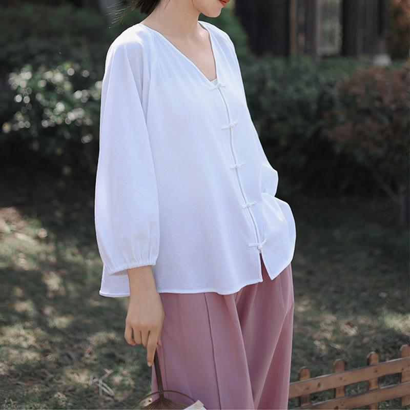 Koszula damska z długim rękawem z bawełny i lnu z motywem Buddha Stones, letnia, w jednolitym kolorze, z chińskimi żabami i guzikami w serek - image 17