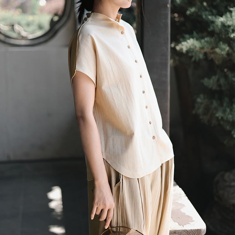 Koszula damska z krótkim rękawem i bawełnianym kołnierzykiem w stylu vintage z motywem Buddha Stones i guzikami - image 13