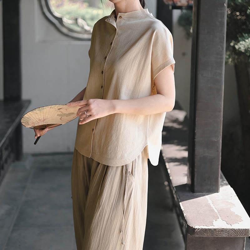 Koszula damska z krótkim rękawem i bawełnianym kołnierzykiem w stylu vintage z motywem Buddha Stones i guzikami - image 14