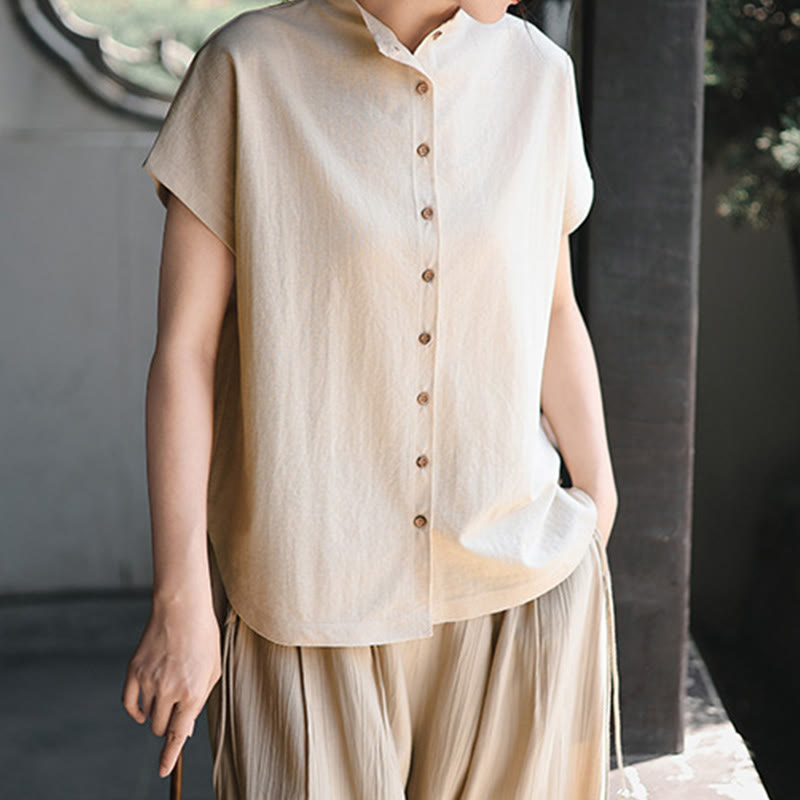 Koszula damska z krótkim rękawem i bawełnianym kołnierzykiem w stylu vintage z motywem Buddha Stones i guzikami - image 12