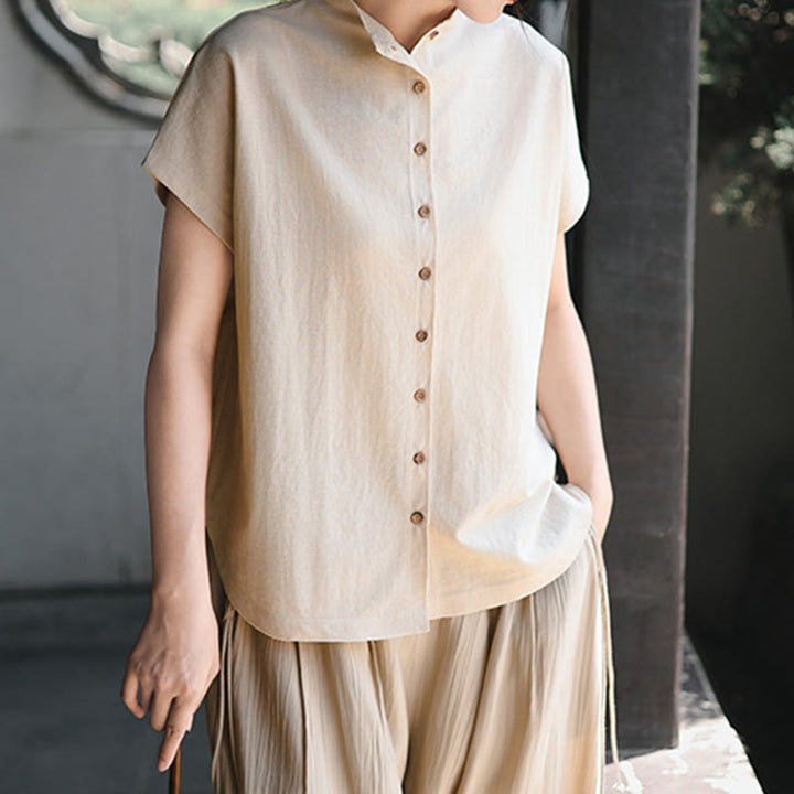 Koszula damska z krótkim rękawem i bawełnianym kołnierzykiem w stylu vintage z motywem Buddha Stones i guzikami - image 12