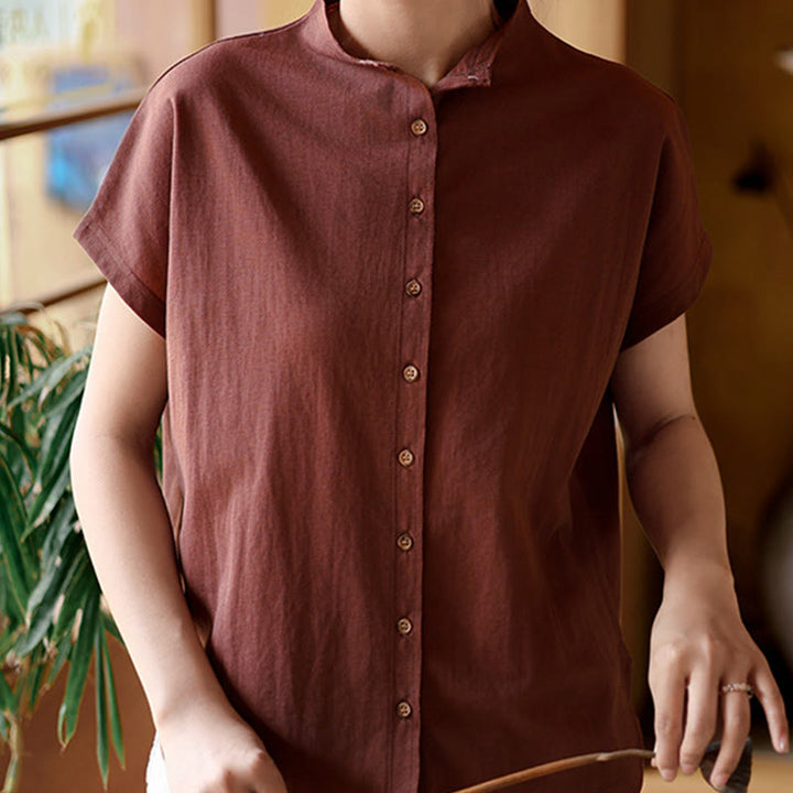 Koszula damska z krótkim rękawem i bawełnianym kołnierzykiem w stylu vintage z motywem Buddha Stones i guzikami - Brązowy - US8-10，UK/AU12-14，EU40-42 (2XL) - image 1