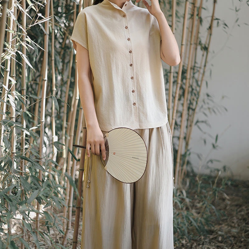 Koszula damska z krótkim rękawem i bawełnianym kołnierzykiem w stylu vintage z motywem Buddha Stones i guzikami - image 17