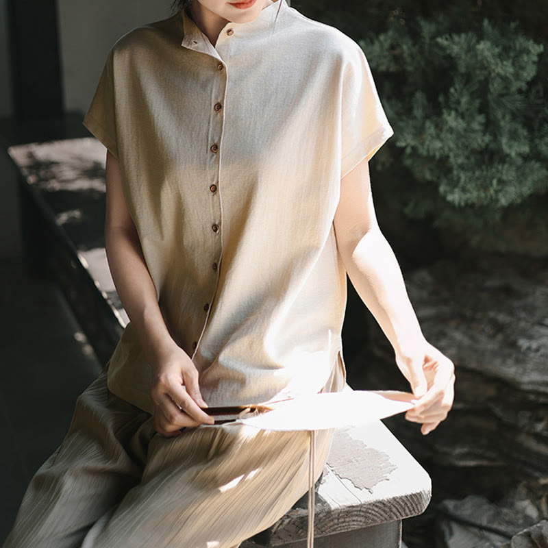 Koszula damska z krótkim rękawem i bawełnianym kołnierzykiem w stylu vintage z motywem Buddha Stones i guzikami - image 11