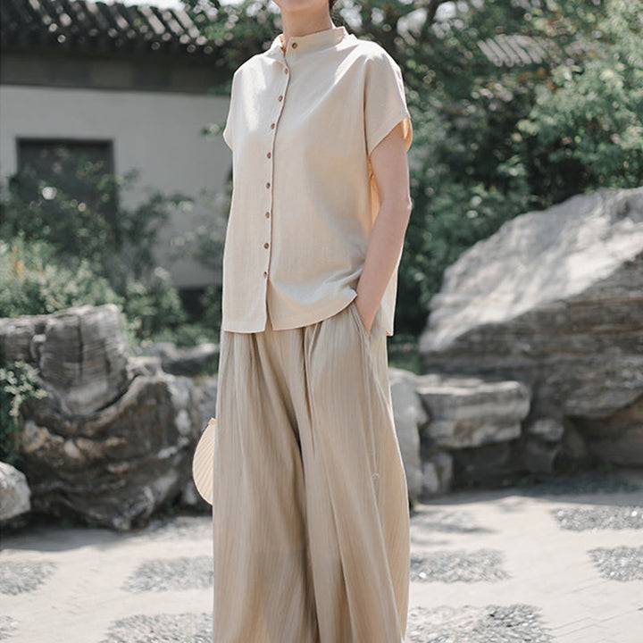 Koszula damska z krótkim rękawem i bawełnianym kołnierzykiem w stylu vintage z motywem Buddha Stones i guzikami - image 15