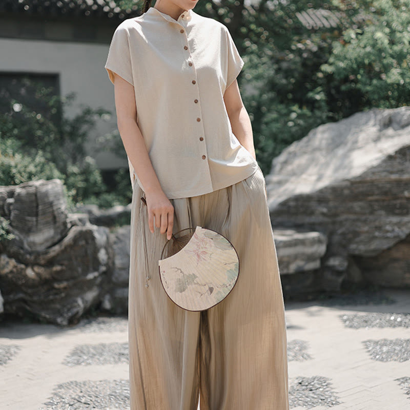 Koszula damska z krótkim rękawem i bawełnianym kołnierzykiem w stylu vintage z motywem Buddha Stones i guzikami - image 16