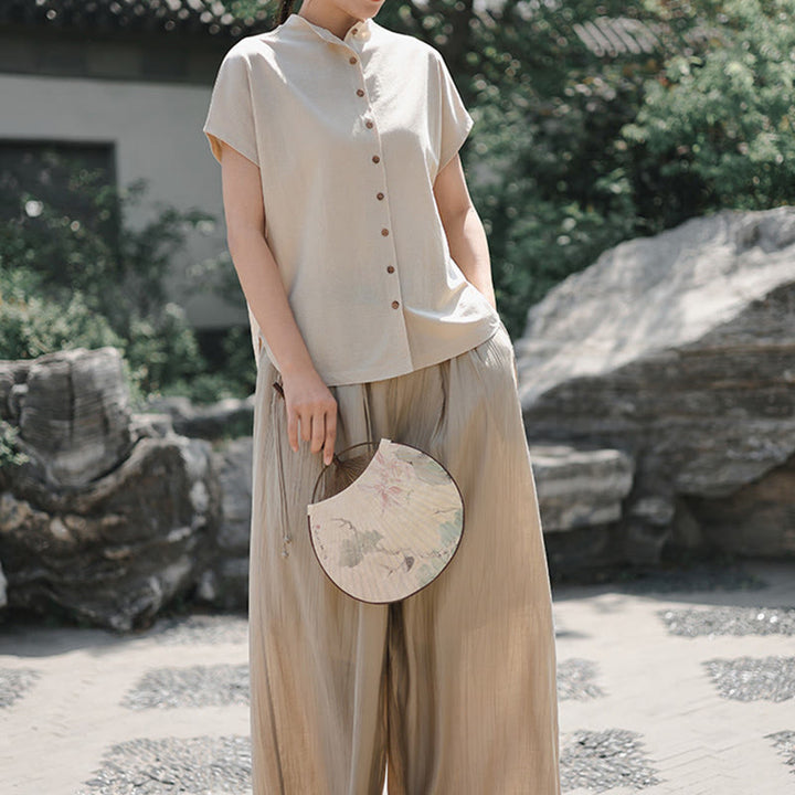 Koszula damska z krótkim rękawem i bawełnianym kołnierzykiem w stylu vintage z motywem Buddha Stones i guzikami - image 16