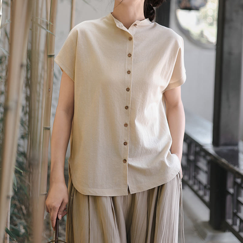 Koszula damska z krótkim rękawem i bawełnianym kołnierzykiem w stylu vintage z motywem Buddha Stones i guzikami - image 10