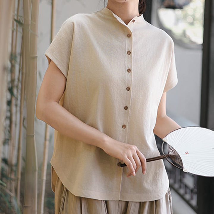 Koszula damska z krótkim rękawem i bawełnianym kołnierzykiem w stylu vintage z motywem Buddha Stones i guzikami - Bielizna - US8-10，UK/AU12-14，EU40-42 (2XL) - image 9