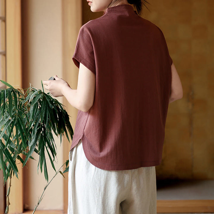 Koszula damska z krótkim rękawem i bawełnianym kołnierzykiem w stylu vintage z motywem Buddha Stones i guzikami - image 6