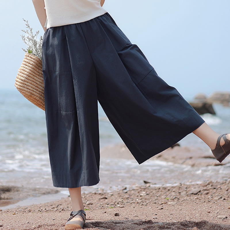 Spodnie damskie Capri z szerokimi nogawkami i kieszeniami, z szerokimi nogawkami i prostą, bawełnianą podszewką i wysokim stanem, z Buddha Stones - MidnightBlue - US8-10，UK/AU12-14，EU40-42 (2XL) - image 0