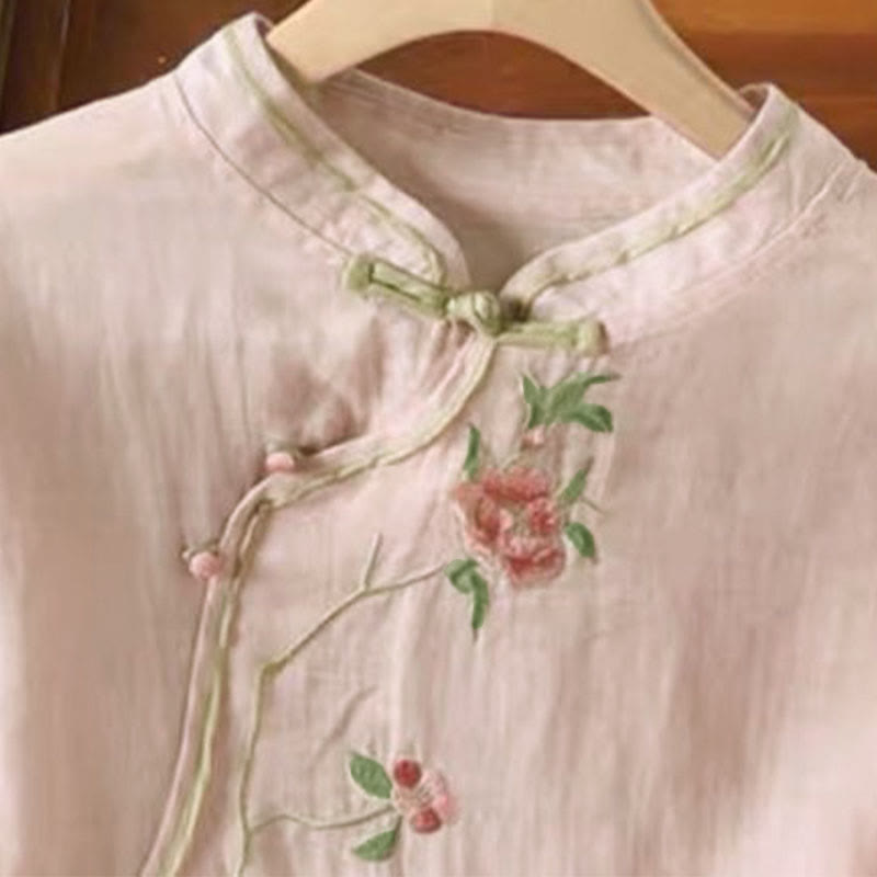 Koszula damska z bawełny i lnu z okrągłym dekoltem i haftem w stylu vintage z Buddha Stones - image 9