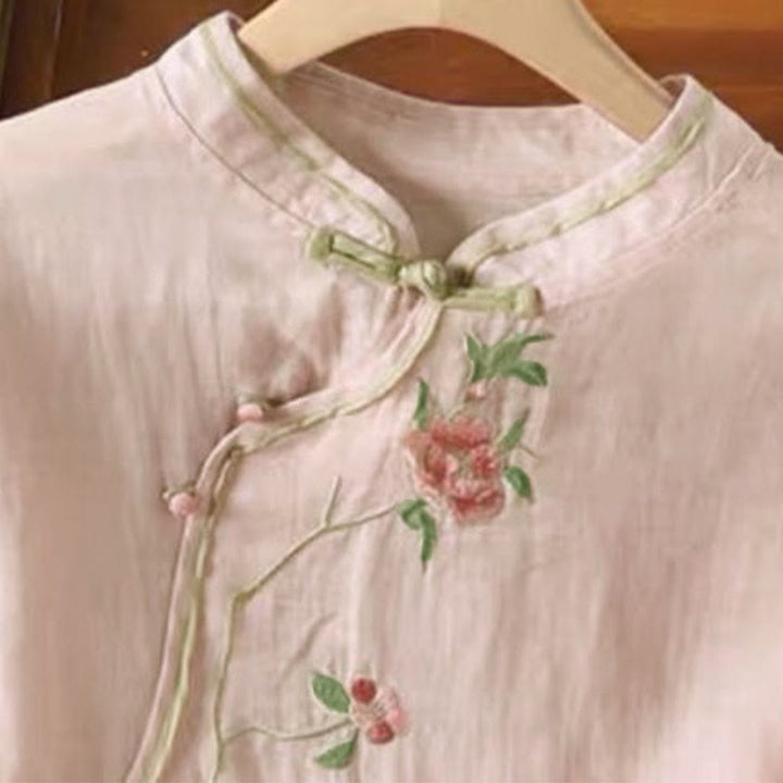 Koszula damska z bawełny i lnu z okrągłym dekoltem i haftem w stylu vintage z Buddha Stones - image 9