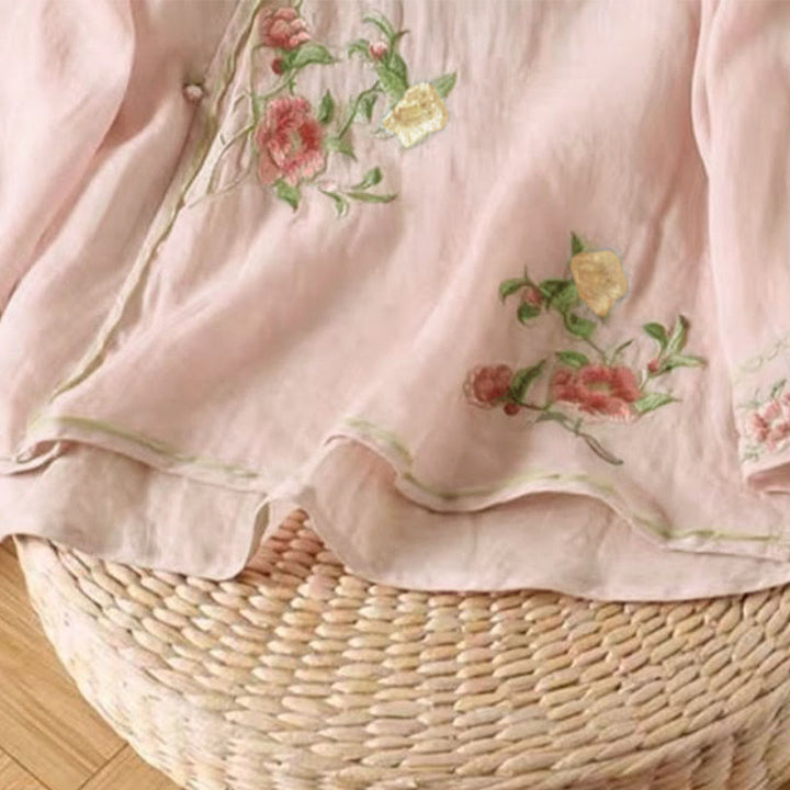 Koszula damska z bawełny i lnu z okrągłym dekoltem i haftem w stylu vintage z Buddha Stones - image 10