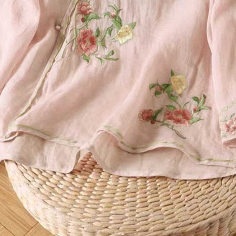 Koszula damska z bawełny i lnu z okrągłym dekoltem i haftem w stylu vintage z Buddha Stones - image 9