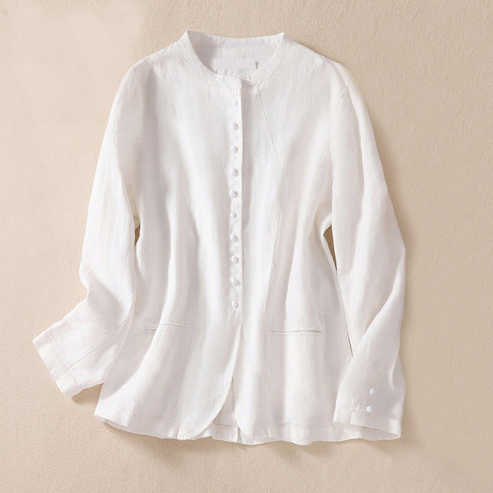 Kurtka damska z długim rękawem i kieszeniami, z bawełny i lnu "Buddha Stones" ze stójką - Biały - US8-10，UK/AU12-14，EU40-42 (2XL) - image 13