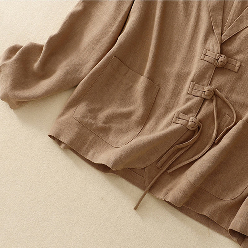 Kurtka damska z długim rękawem i kieszeniami, z bawełny i lnu Buddha Stones, zapinana na guziki żabki - image 4