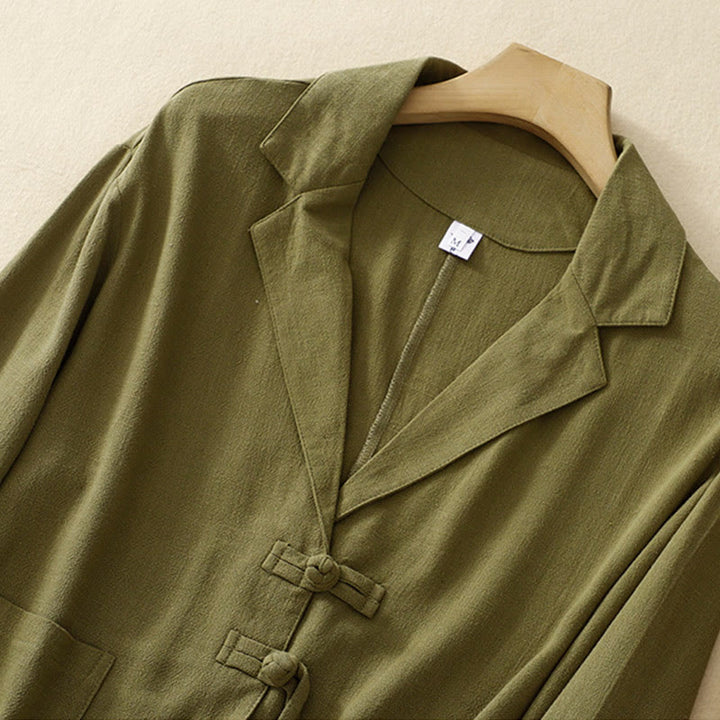 Kurtka damska z długim rękawem i kieszeniami, z bawełny i lnu Buddha Stones, zapinana na guziki żabki - image 6