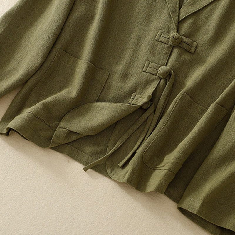 Kurtka damska z długim rękawem i kieszeniami, z bawełny i lnu Buddha Stones, zapinana na guziki żabki - image 10