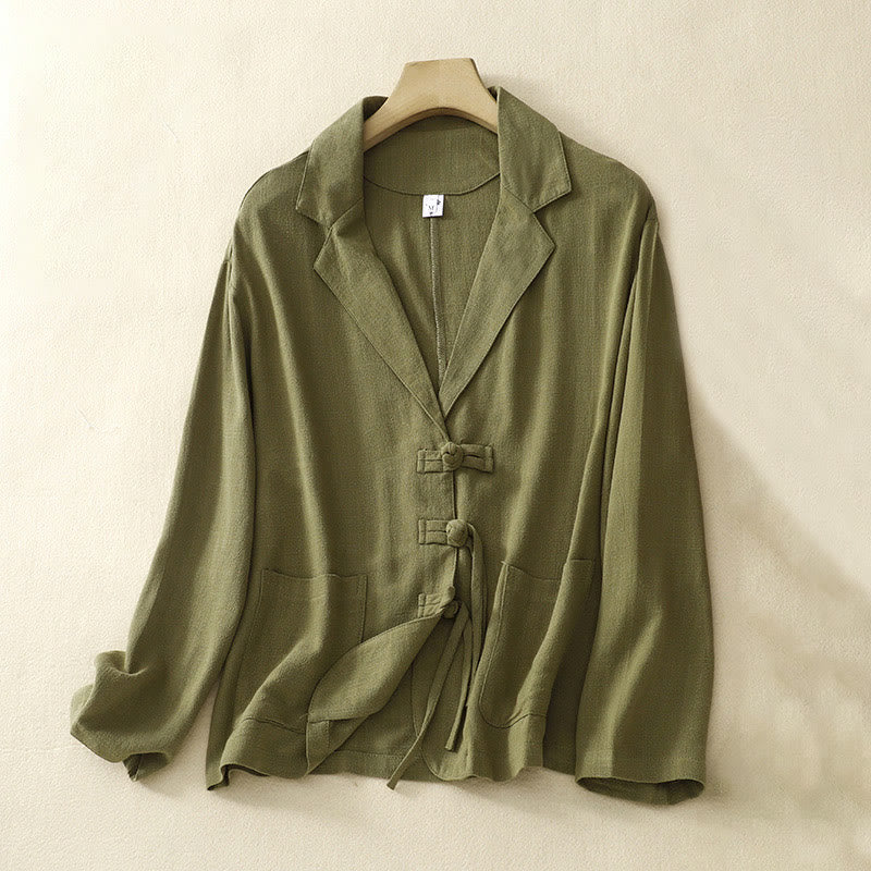 Kurtka damska z długim rękawem i kieszeniami, z bawełny i lnu Buddha Stones, zapinana na guziki żabki - Oliwka - US12, UK/AU16, EU44 (2XL) - image 5