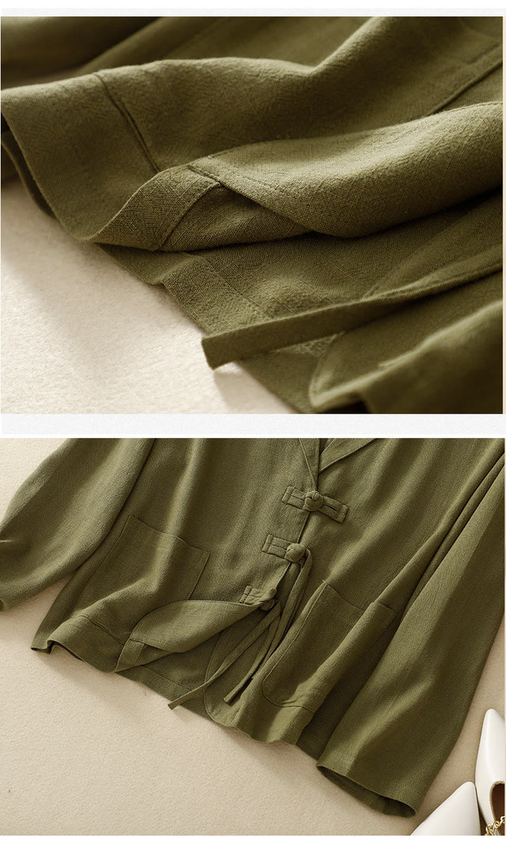 Kurtka damska z długim rękawem i kieszeniami, z bawełny i lnu Buddha Stones, zapinana na guziki żabki - image 11