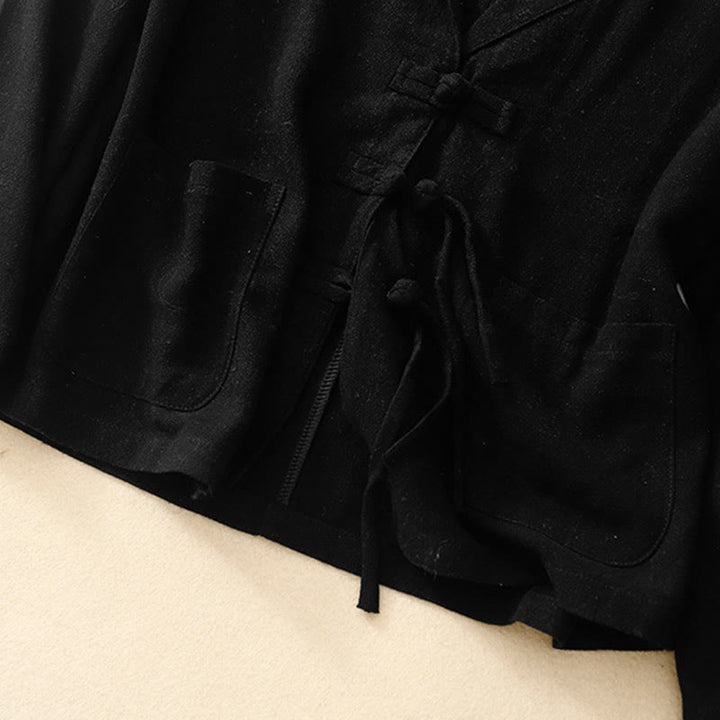 Kurtka damska z długim rękawem i kieszeniami, z bawełny i lnu Buddha Stones, zapinana na guziki żabki - image 16