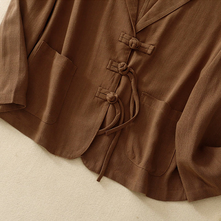 Kurtka damska z długim rękawem i kieszeniami, z bawełny i lnu Buddha Stones, zapinana na guziki żabki - image 28