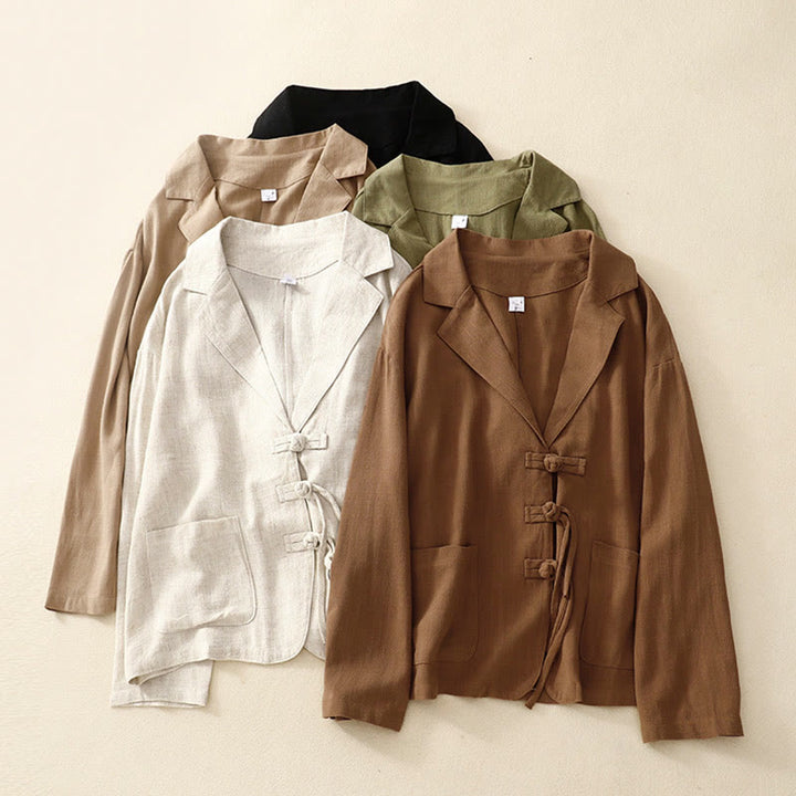 Kurtka damska z długim rękawem i kieszeniami, z bawełny i lnu Buddha Stones, zapinana na guziki żabki - image 32