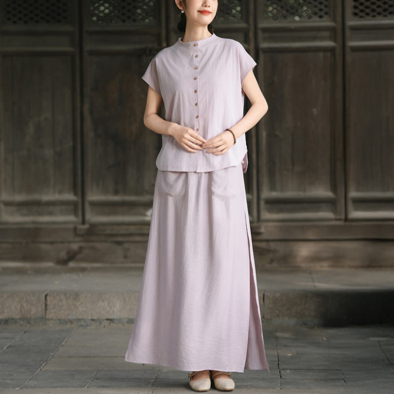 Buddha Stones 2 sztuki guziki koszula z krótkim rękawem spódnica z kieszeniami zestaw do medytacji bawełna damska - image 2