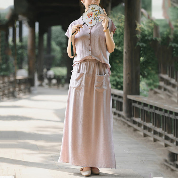 Buddha Stones 2 sztuki guziki koszula z krótkim rękawem spódnica z kieszeniami zestaw do medytacji bawełna damska - image 8