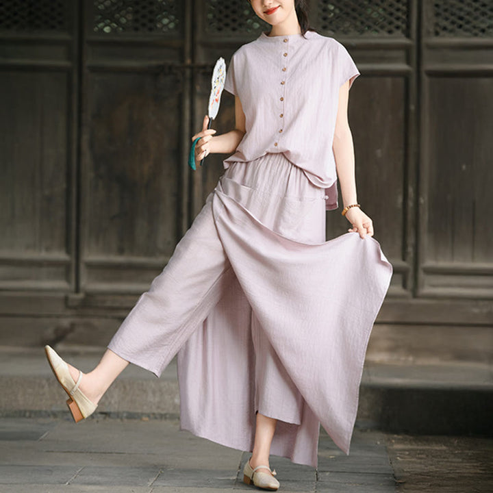 Buddha Stones 2 sztuki guziki koszula z krótkim rękawem spódnica z kieszeniami zestaw do medytacji bawełna damska - Jasnoróżowa koszula i różowobrązowa spódnica - US8-10，UK/AU12-14，EU40-42 (2XL) - image 1