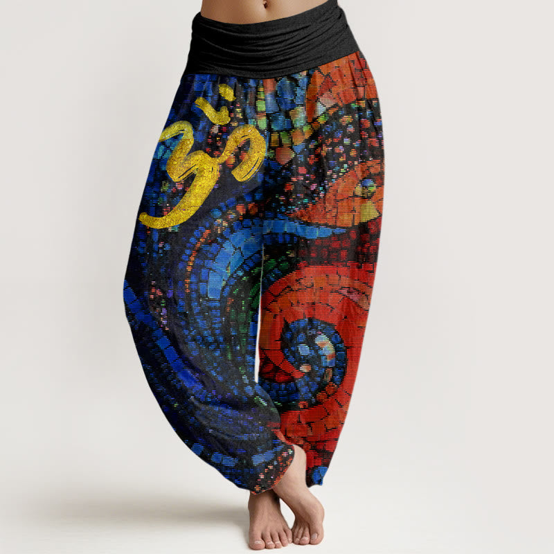 Damskie spodnie haremowe z elastyczną talią i motywem złotego symbolu Om w swobodnym stylu z Buddha Stones - Czarny - US22, UK/AU26, EU54 (6XL) - image 1