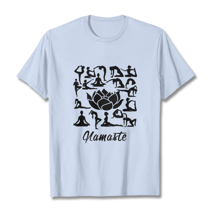 Koszulka z nadrukiem "Buddha Stones" w swobodnym stylu, z motywem kwiatu lotosu i różnymi pozycjami jogi - Jasnoniebieski - 2XL - image 19