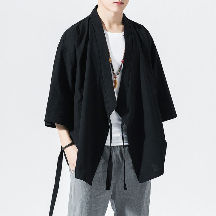 Buddha Stones, garnitur Tang, kurtka z bawełny i lnu, męska, z otwartym przodem, kimono z rękawami trzy czwarte - Czarny - US/UK/AU48， EU58(5XL) - image 10