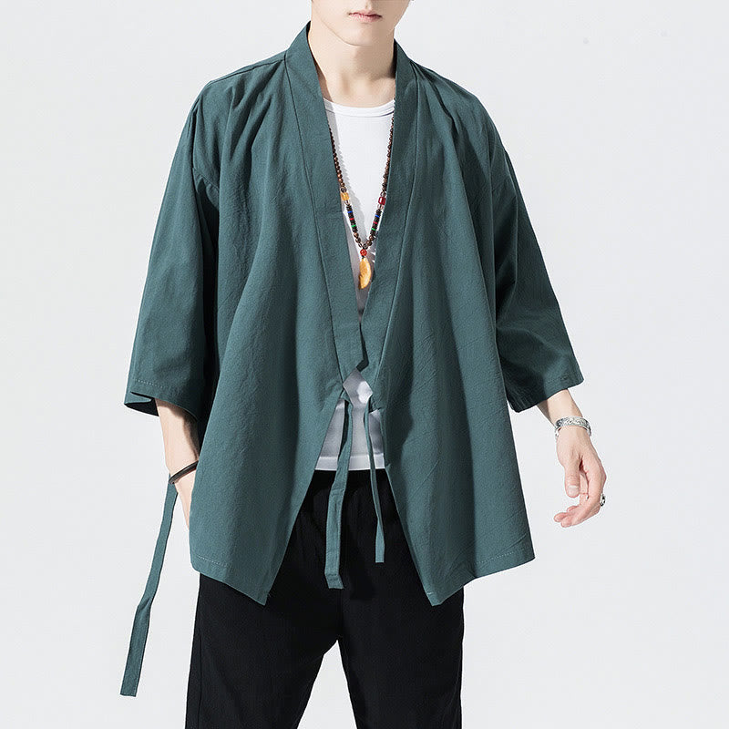 Buddha Stones, garnitur Tang, kurtka z bawełny i lnu, męska, z otwartym przodem, kimono z rękawami trzy czwarte - Ciemnocyjanowy - US/UK/AU48， EU58(5XL) - image 1