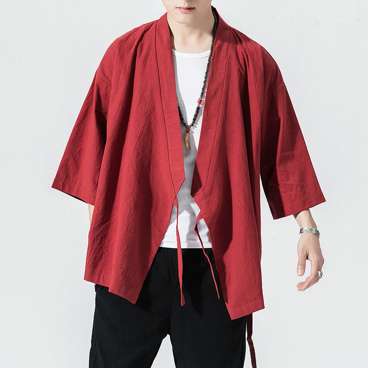 Buddha Stones, garnitur Tang, kurtka z bawełny i lnu, męska, z otwartym przodem, kimono z rękawami trzy czwarte - Karmazynowy - US/UK/AU48， EU58(5XL) - image 4