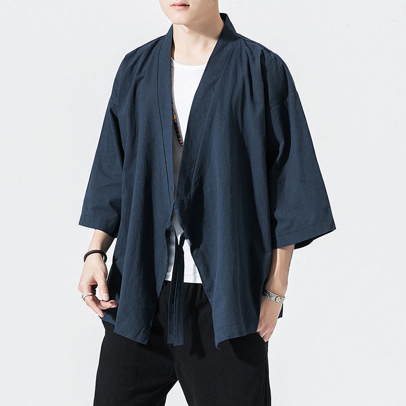 Buddha Stones, garnitur Tang, kurtka z bawełny i lnu, męska, z otwartym przodem, kimono z rękawami trzy czwarte - MidnightBlue - US/UK/AU48， EU58(5XL) - image 7