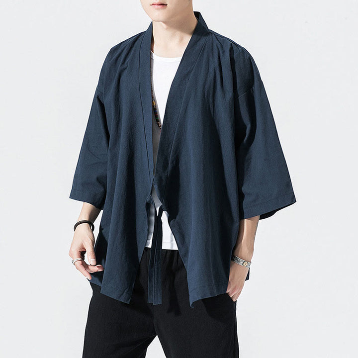Buddha Stones, garnitur Tang, kurtka z bawełny i lnu, męska, z otwartym przodem, kimono z rękawami trzy czwarte - MidnightBlue - US/UK/AU48， EU58(5XL) - image 7