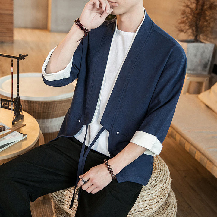 Kurtka męska z sznurowaniem Buddha Stones, bawełniano-lniana, kimono z rękawami 3/4 i kieszeniami - image 5