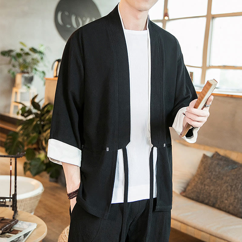 Kurtka męska z sznurowaniem Buddha Stones, bawełniano-lniana, kimono z rękawami 3/4 i kieszeniami - image 14