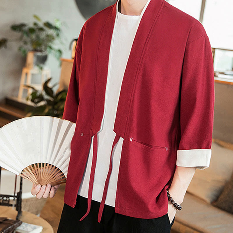 Kurtka męska z sznurowaniem Buddha Stones, bawełniano-lniana, kimono z rękawami 3/4 i kieszeniami - image 27