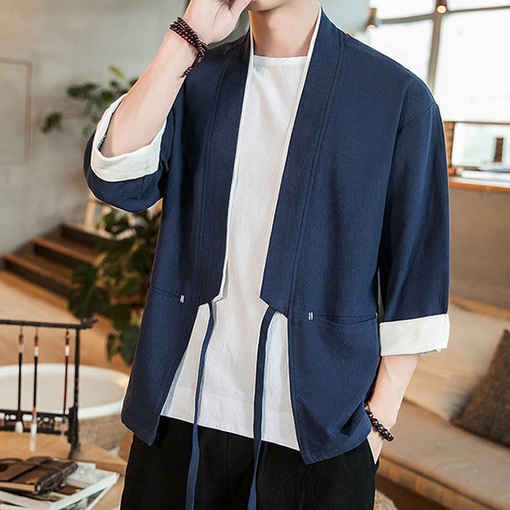 Kurtka męska z sznurowaniem Buddha Stones, bawełniano-lniana, kimono z rękawami 3/4 i kieszeniami - image 1