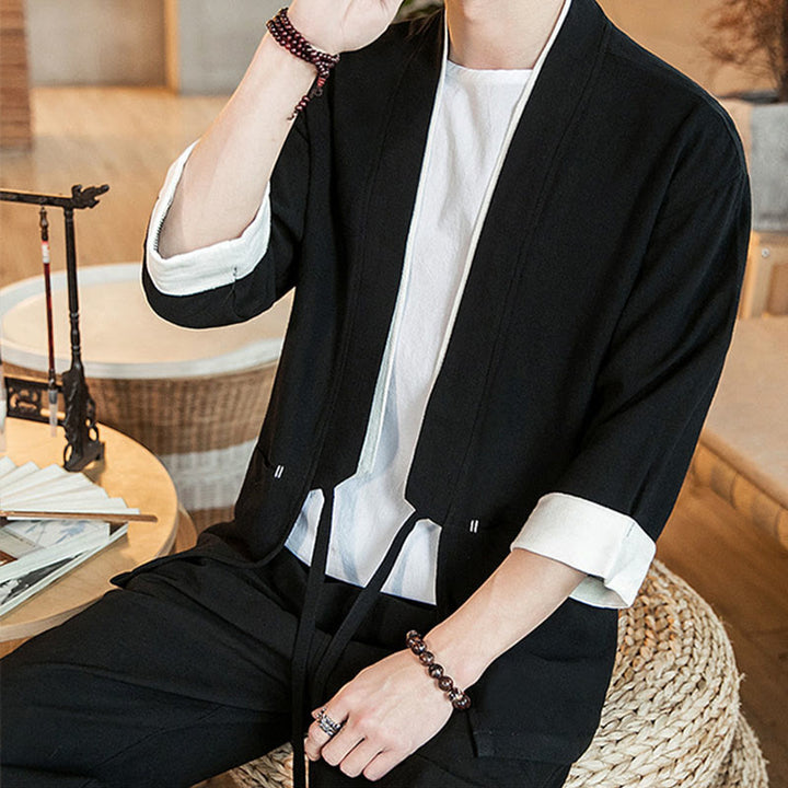 Kurtka męska z sznurowaniem Buddha Stones, bawełniano-lniana, kimono z rękawami 3/4 i kieszeniami - image 12