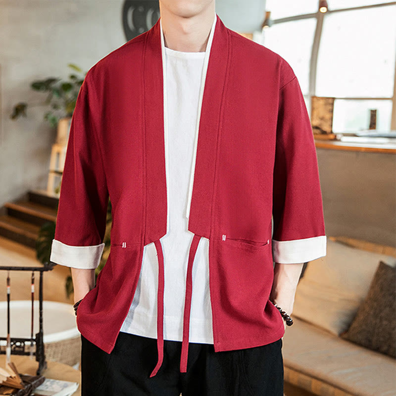 Kurtka męska z sznurowaniem Buddha Stones, bawełniano-lniana, kimono z rękawami 3/4 i kieszeniami - image 24