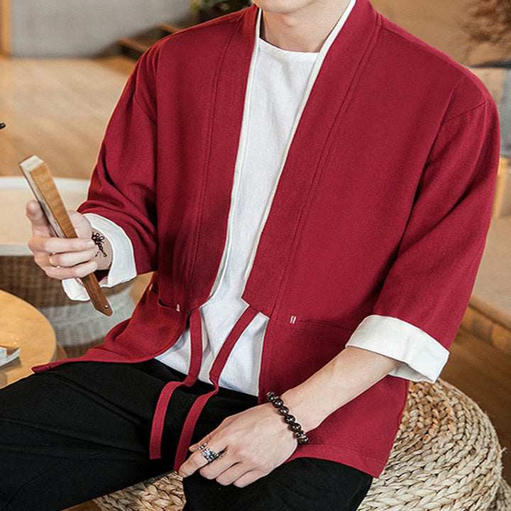 Kurtka męska z sznurowaniem Buddha Stones, bawełniano-lniana, kimono z rękawami 3/4 i kieszeniami - image 28