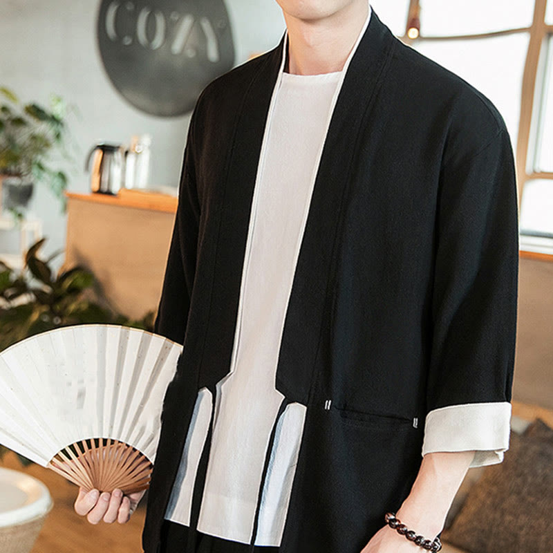 Kurtka męska z sznurowaniem Buddha Stones, bawełniano-lniana, kimono z rękawami 3/4 i kieszeniami - image 15