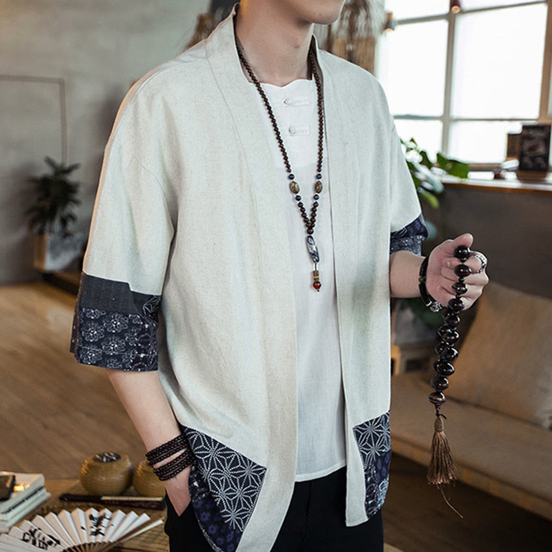 Buddha Stones, etniczny nadruk, patchwork, półrękaw, otwarty przód, męska kurtka kimono z bawełny i lnu - image 12