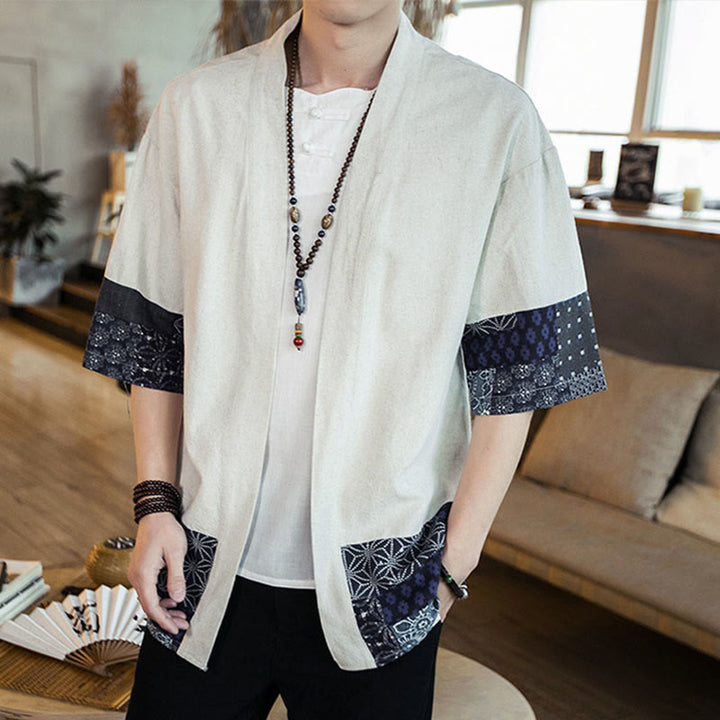 Buddha Stones, etniczny nadruk, patchwork, półrękaw, otwarty przód, męska kurtka kimono z bawełny i lnu - image 13