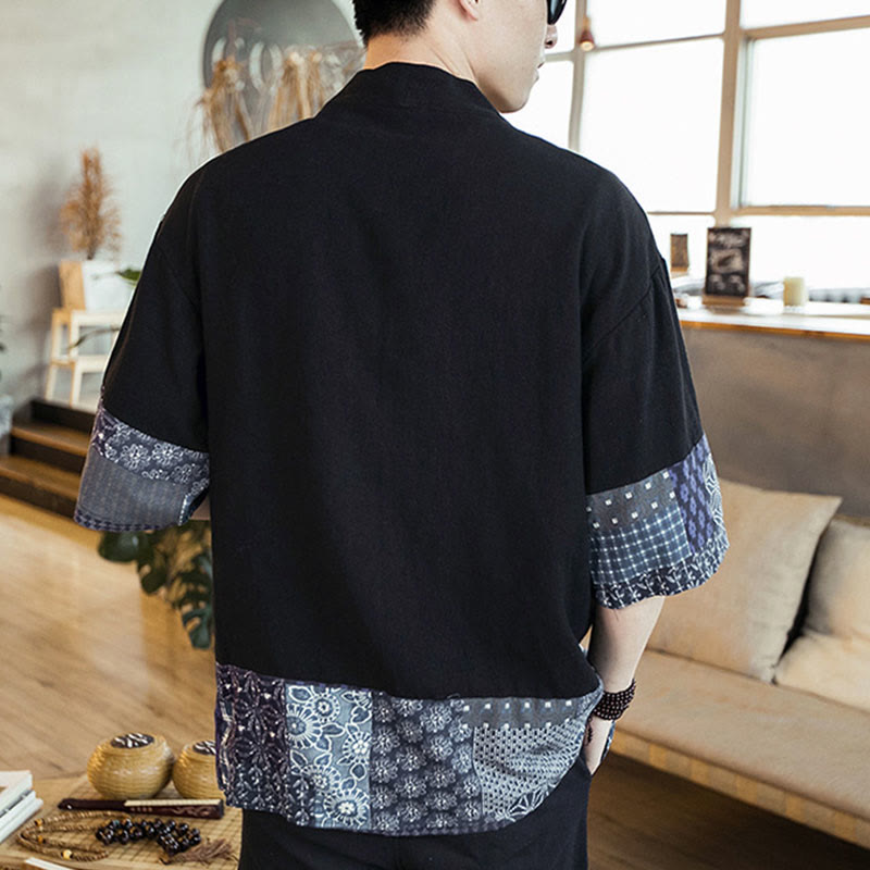 Buddha Stones, etniczny nadruk, patchwork, półrękaw, otwarty przód, męska kurtka kimono z bawełny i lnu - image 4